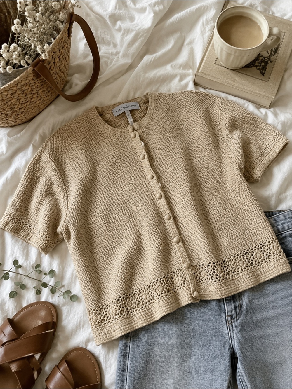 Liz Claiborne Cotton | Beige Knit Short-Sleeve Button Cardigan